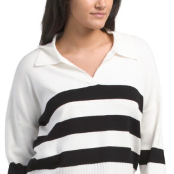 CYRUS XS-L Coconut White Black Stripes Polo Classic Johnny Collar Pullover - Picture 3 of 14